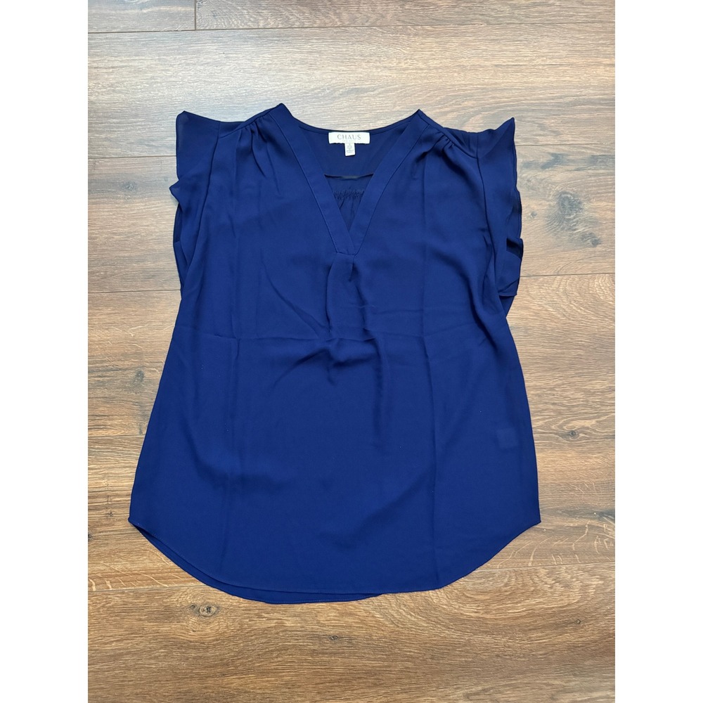 Chaus New York Royal Blue V-Neck Ruffle Cap Sleeve Blouse Top Small